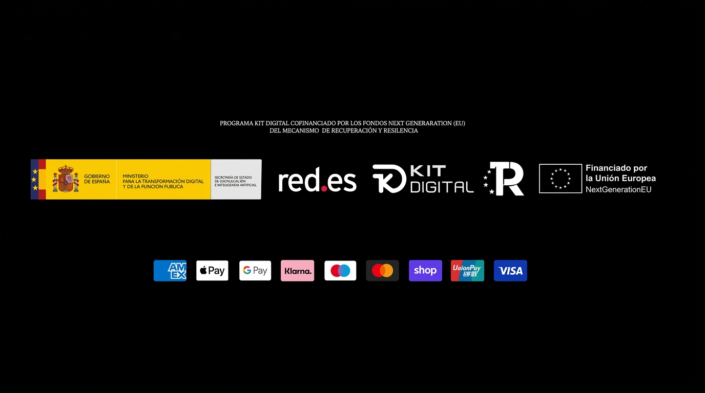 Programa Kit Digital cofinanciado por los fondos Next Generation (EU) — Gobierno de España, red.es, Kit Digital, Financiado por la Unión Europea NextGenerationEU. Métodos de pago: AMEX, Apple Pay, Google Pay, Klarna, Maestro, Mastercard, Shop Pay, Union Pay, Visa.